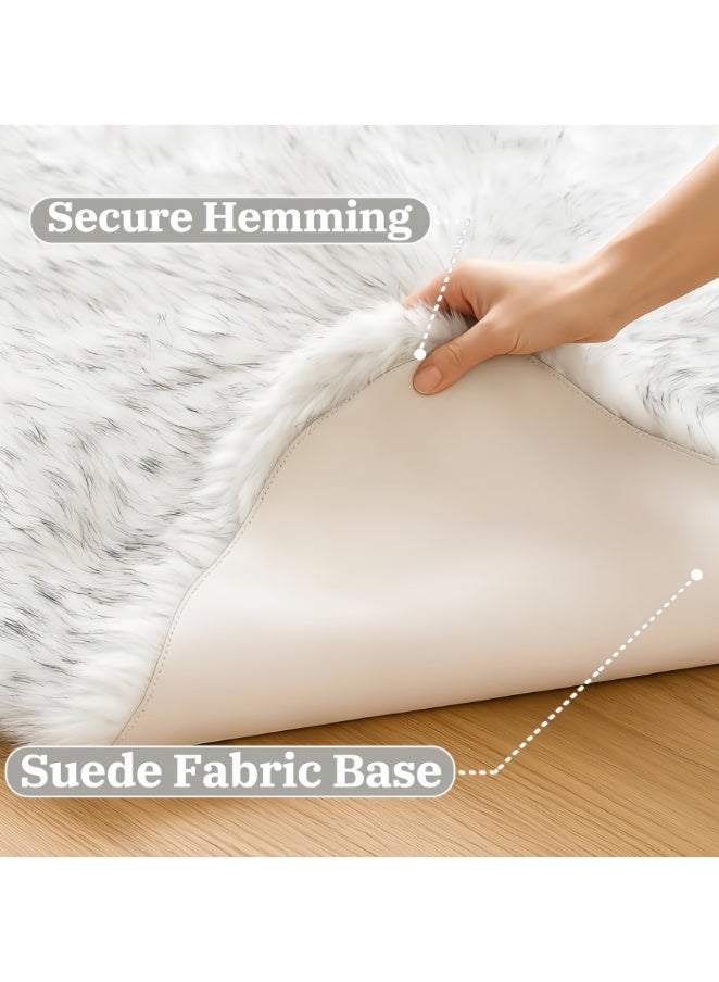 سجادة من جلد الغنم باللون الأبيض مع أطراف رمادية مقاس 60 × 180 سم، سجادة من جلد الغنم من فرو صناعي لغرفة المعيشة، سجاد رقيق قابل للغسل لغرفة النوم الفاخرة ديكور غرفة فروي سجاد مستطيل (Y2550) - Image 4